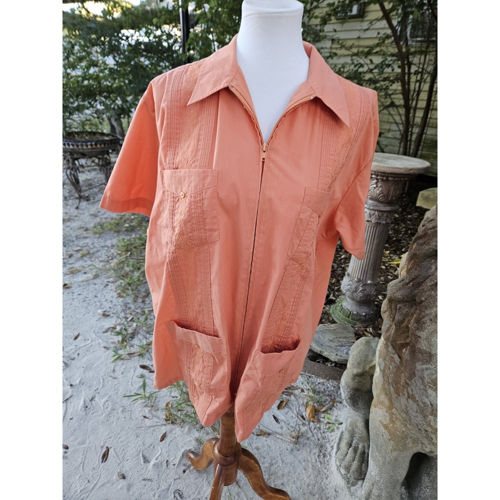 Haband Guayabera Cuban Shirt Zip Up Embroidered Peach Orange Rust Cubavera LG - Picture 7 of 9